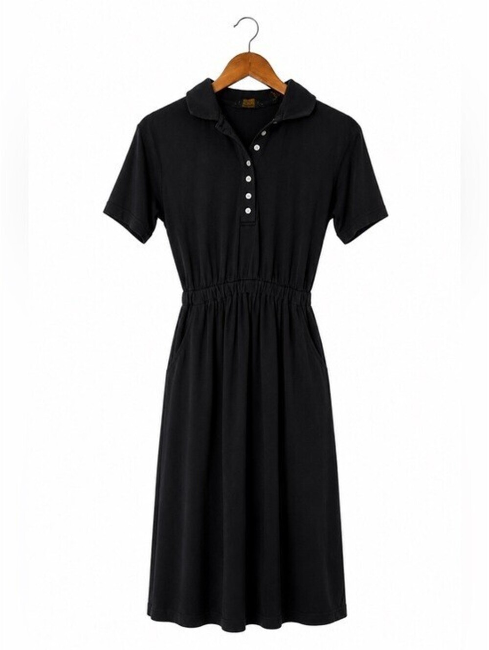 Eddie Bauer Black Cotton Polo Midi Dress Elastic Waist Pockets Women's Small